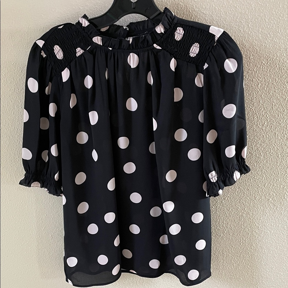 NWOT Ann Taylor Black Blouse with Off White Polka Dots SP